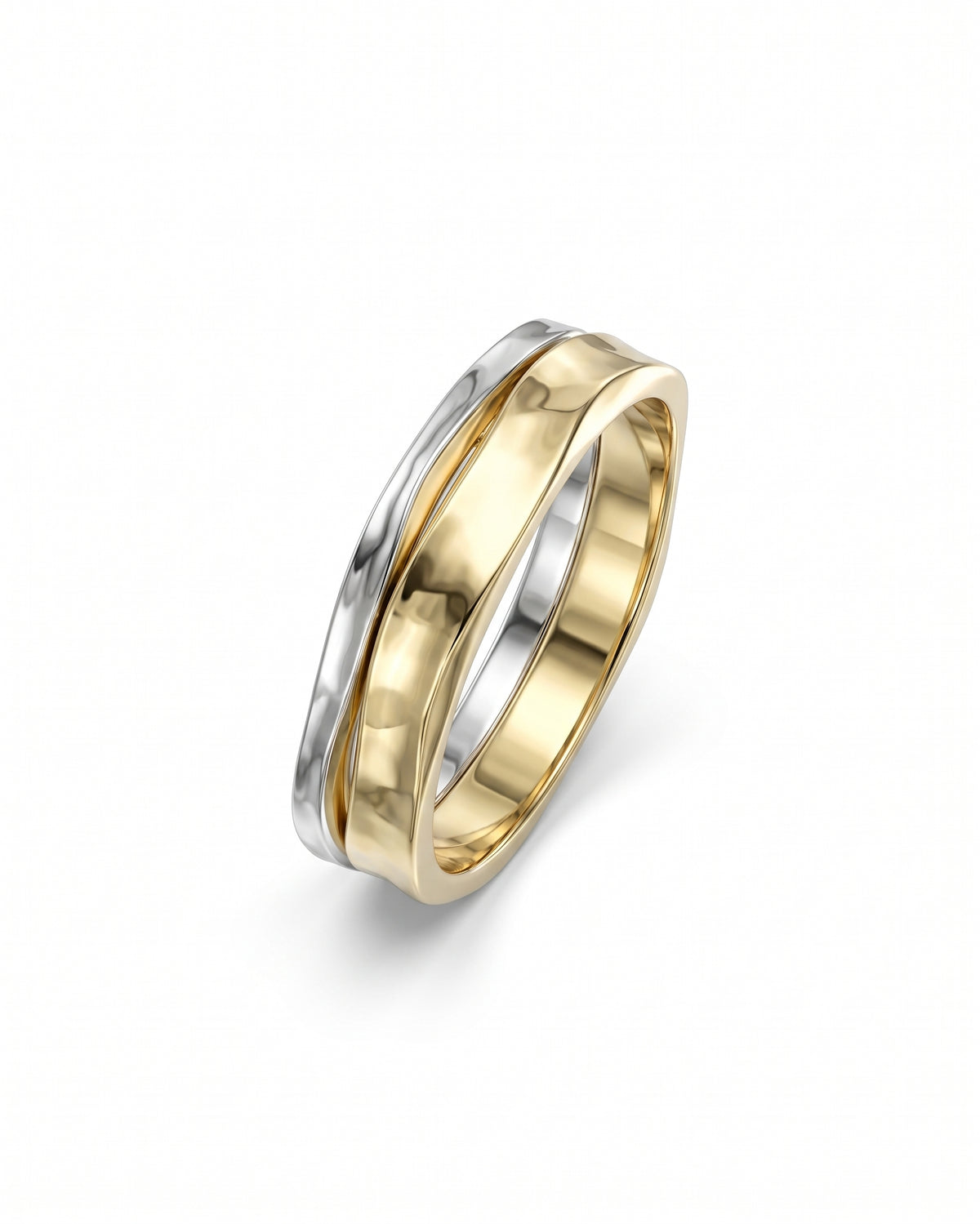 Two-tone gold and silver wedding ring featuring a hammered texture on the side bands.