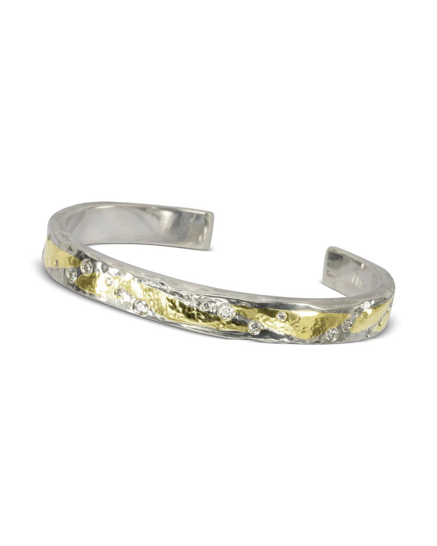 Unusual Hammered Silver and Yellow Gold Diamond Cuff Bangle (0.6cts) Pruden and Smith