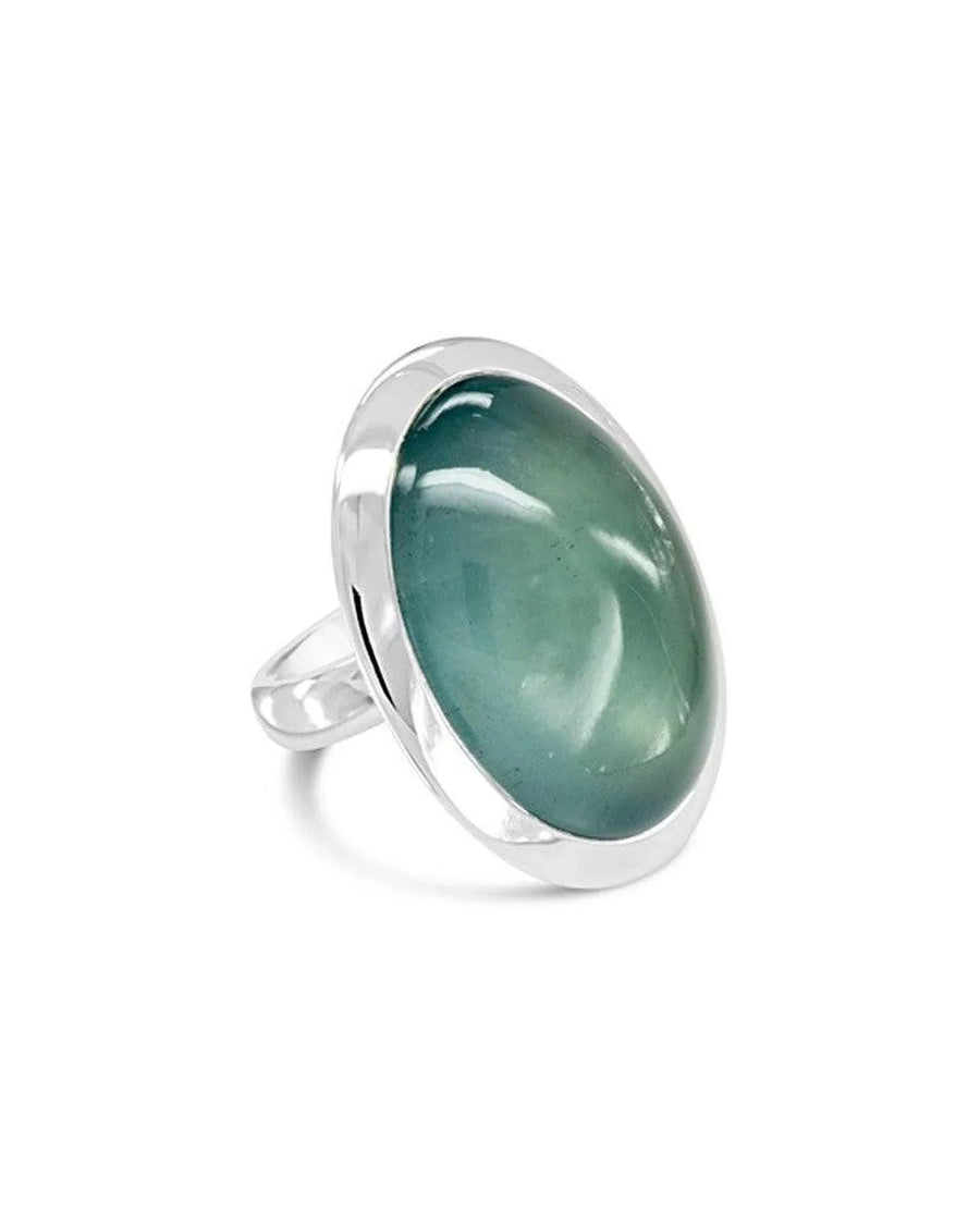 Handmade silver ring with a large oval aquamarine gemstone set in a polished bezel