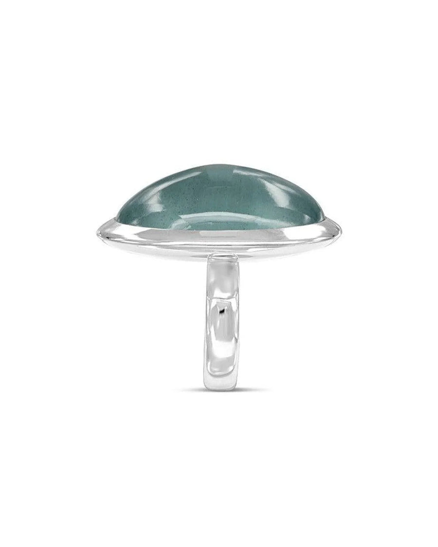Handmade silver ring with a large oval aquamarine gemstone on a white background