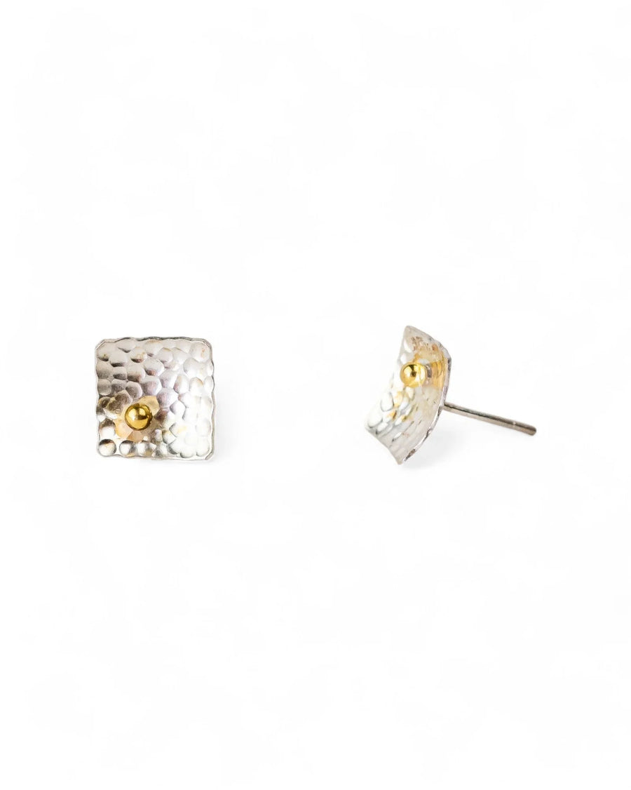Silver and gold beaded stud earrings, one square and one curved.