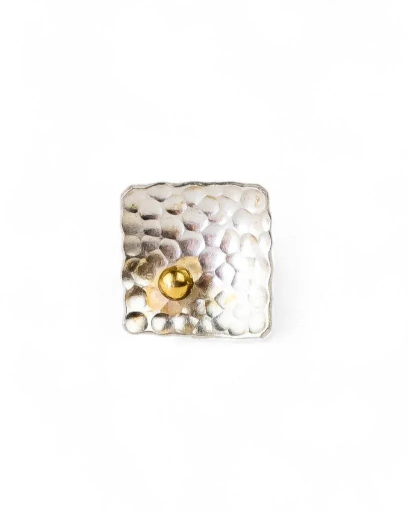 Silver and gold beaded stud earring with a hammered square design.
