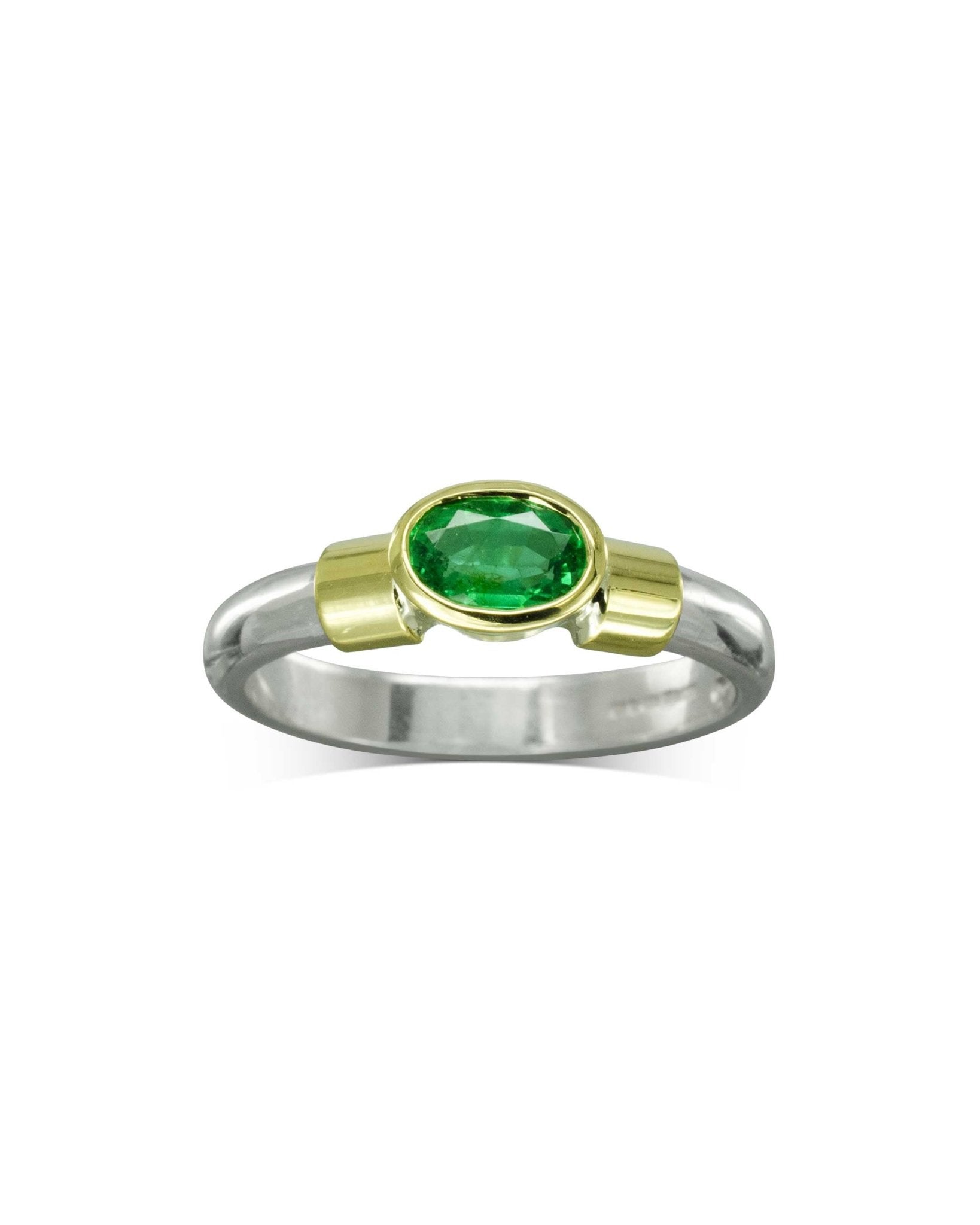 Silver and Gold Shoulder Oval Emerald Ring Ring Pruden and Smith