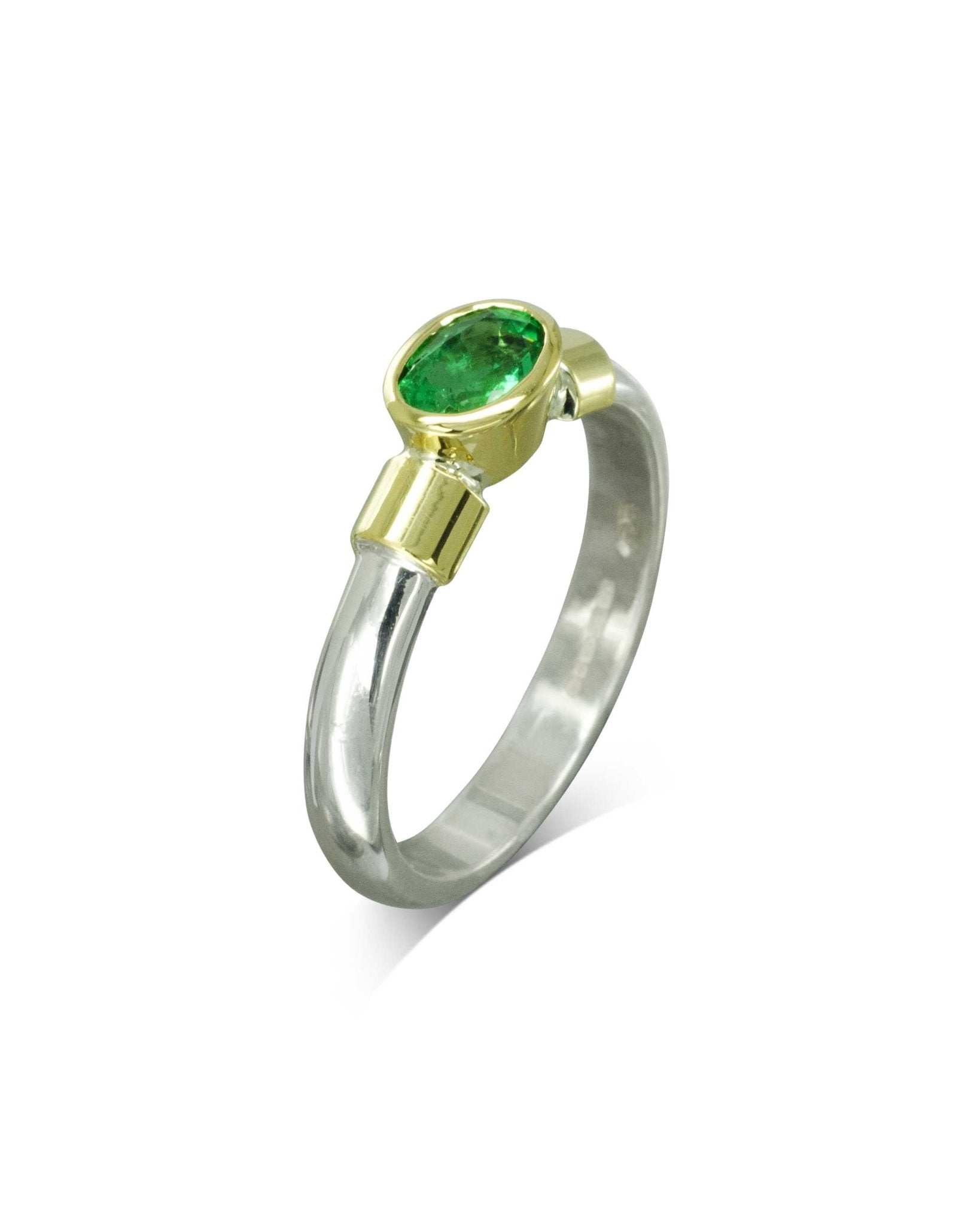 Silver and Gold Shoulder Oval Emerald Ring Ring Pruden and Smith