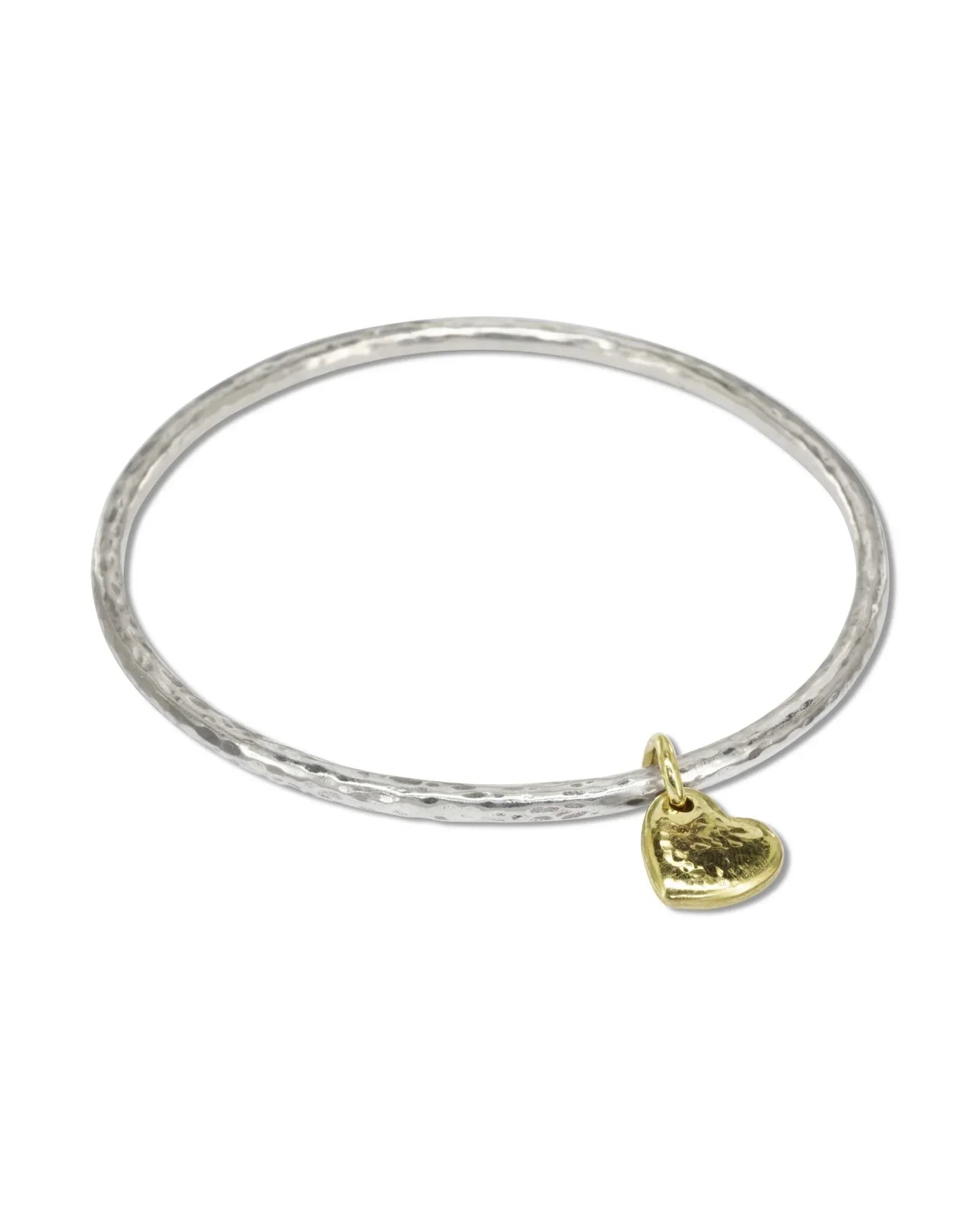 Hammered Silver Bangle with Solid Gold Heart Bangle Pruden and Smith