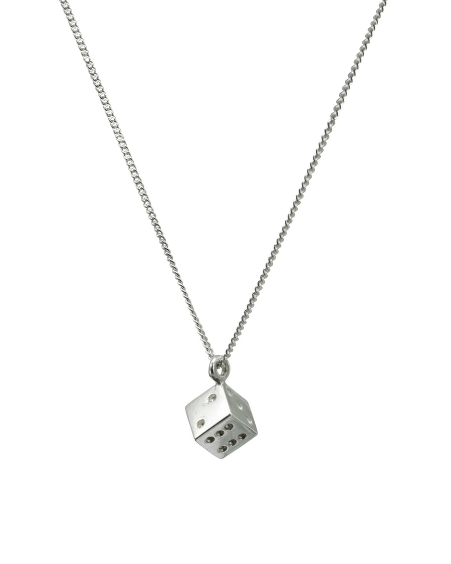 Silver dice pendant on a fine chain necklace, luxury handmade jewellery design