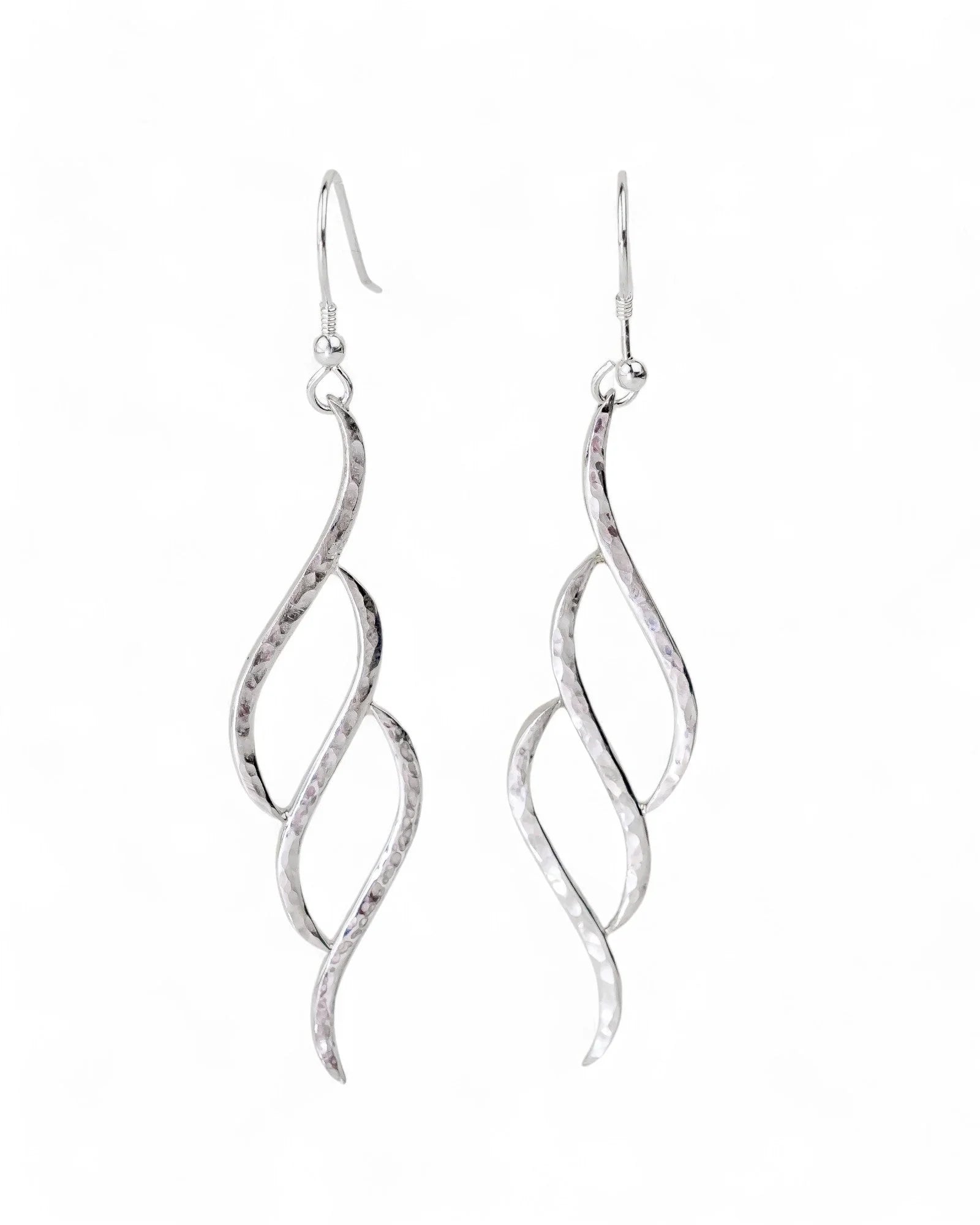 Handmade silver three-section forged drop earrings with organic twisted design