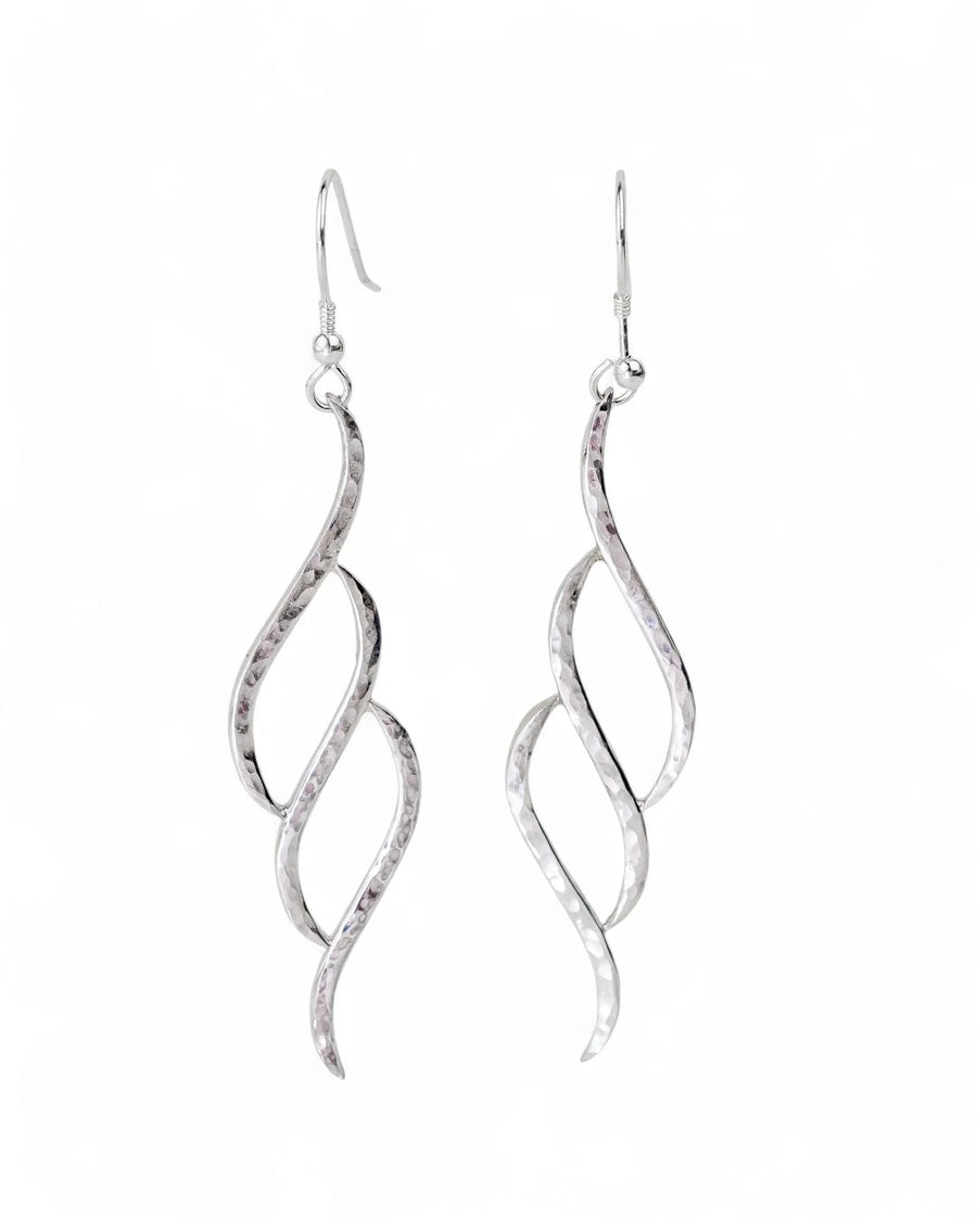 Handmade silver three-section forged drop earrings with organic twisted design