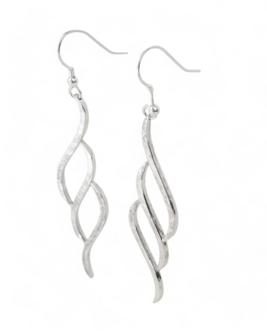 Handmade silver drop earrings with three twisted sections and hammered texture