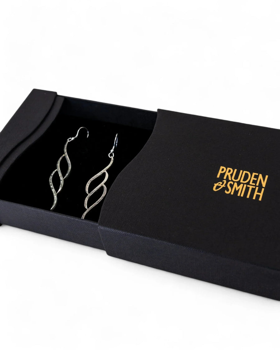 Handmade silver three-section forged dangle earrings in a black gift box