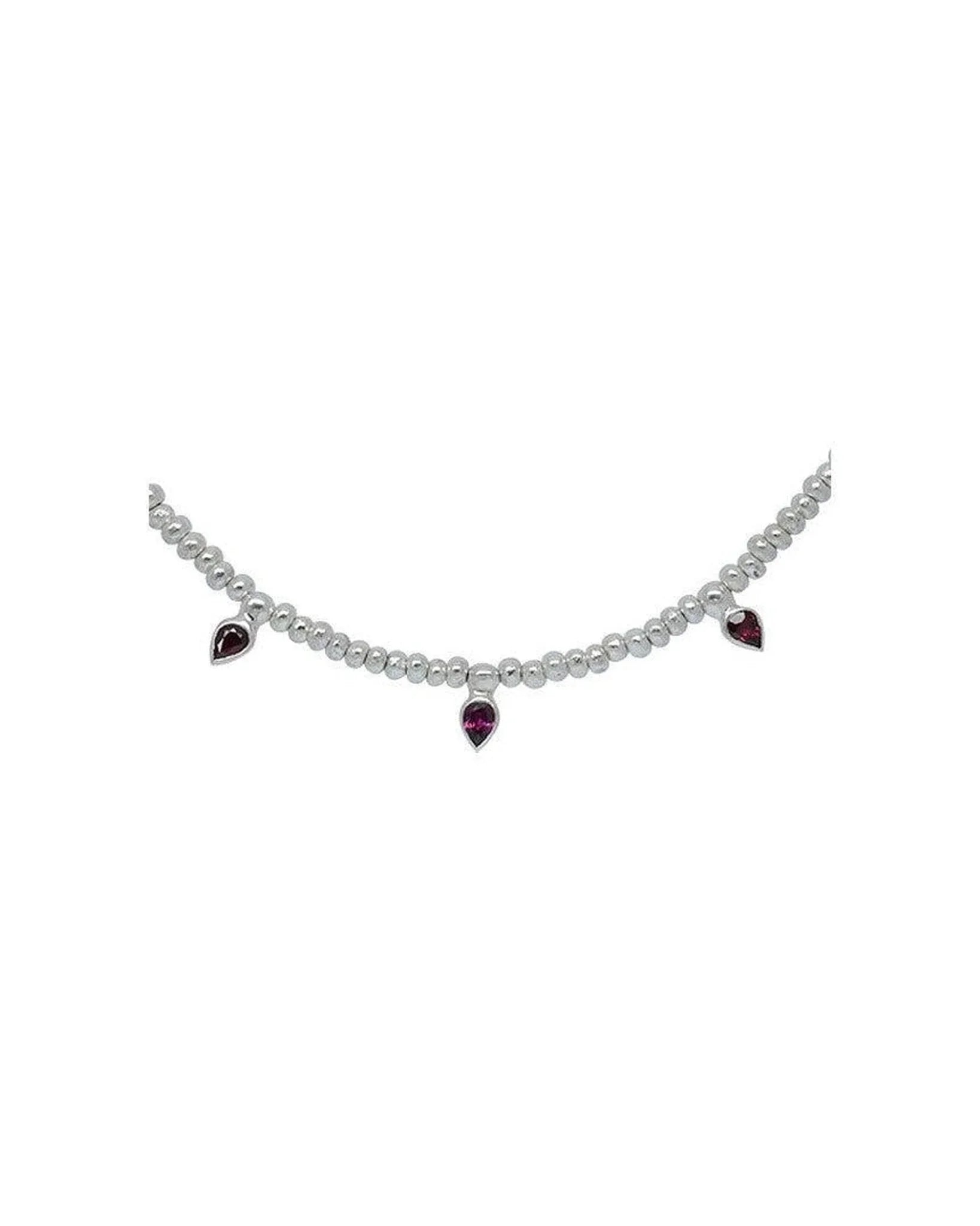 Silver bead necklace with ruby teardrop charms, elegant layered jewellery