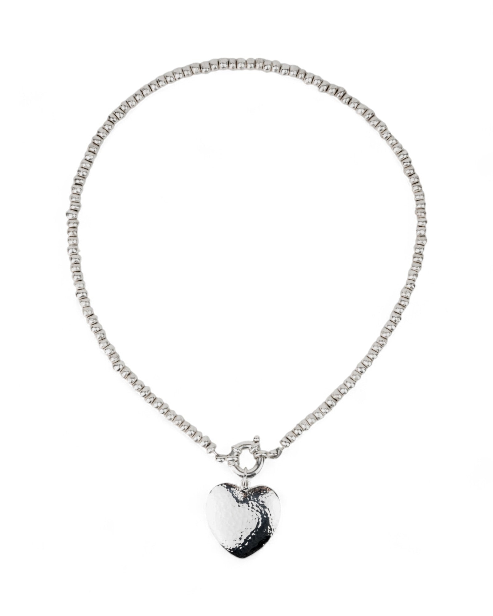 Silver Nugget Necklace with Hammered Heart Pendant Necklace Pruden and Smith