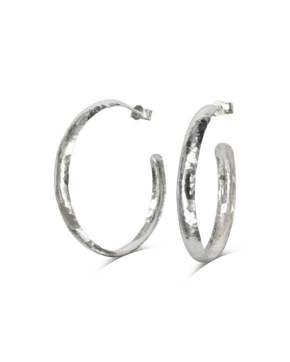 Hammered Rough White Gold Hoop Earrings - 35mm Earrings Pruden and Smith