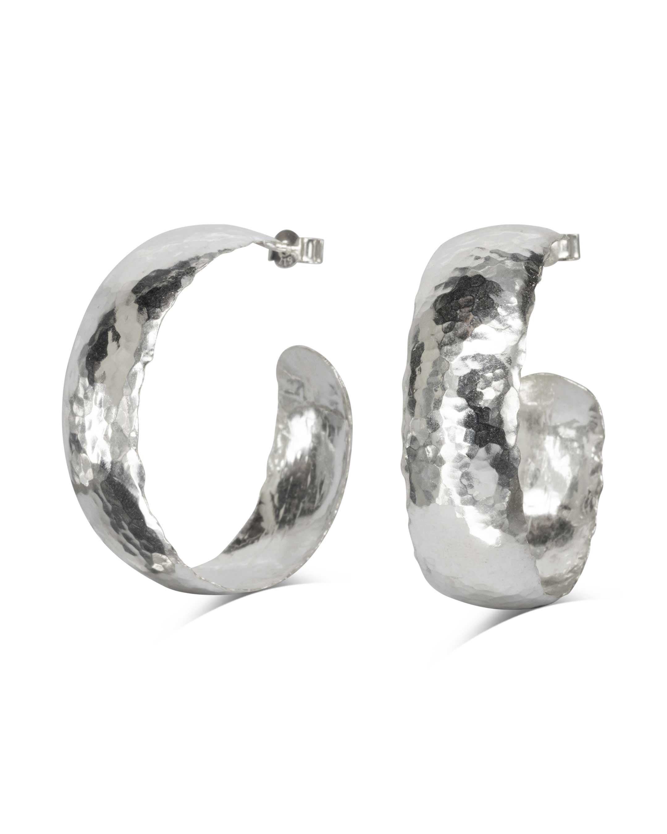 Hammered Wide Hoop Earrings - Silver - 30mm Pruden and Smith
