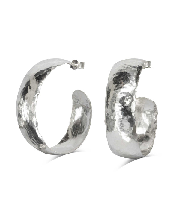 Hammered Wide Hoop Earrings - Silver - 30mm Pruden and Smith