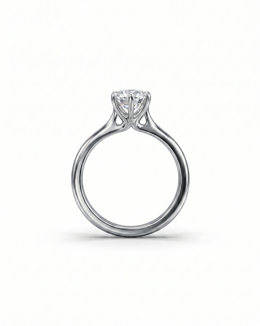 Platinum engagement ring with a round diamond in a six-claw setting.