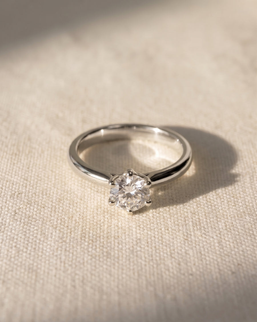 9ct white gold solitaire engagement ring with a round lab-grown diamond in a six-claw setting.