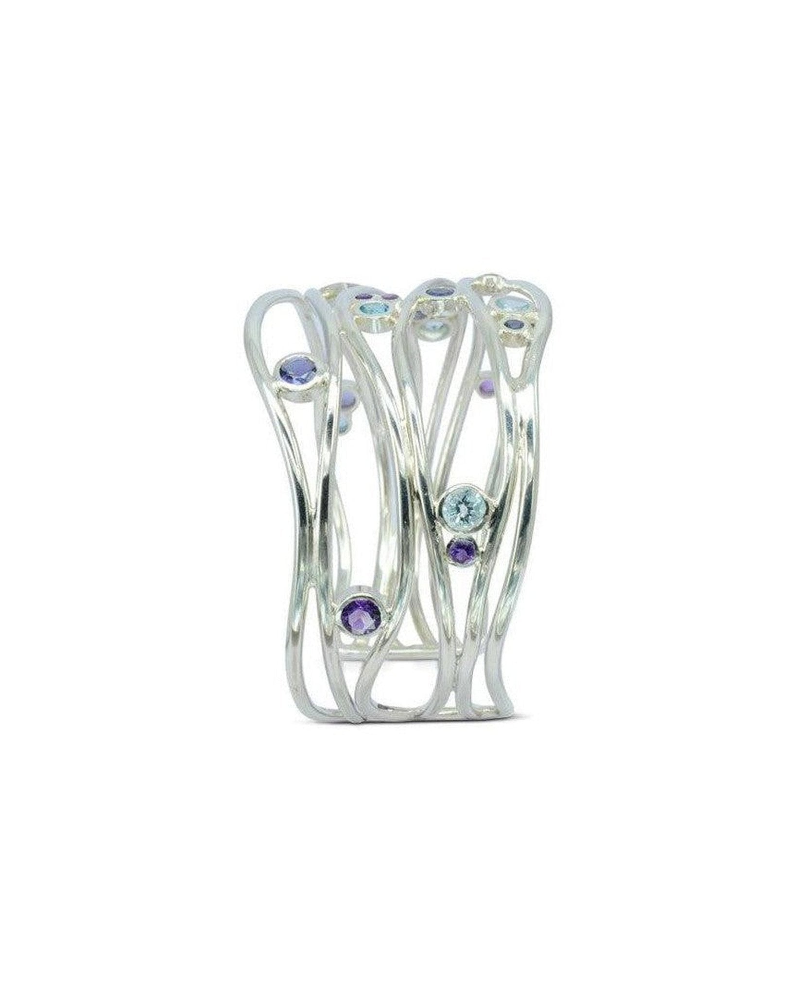 Six Strand Amethyst and Topaz Solid Silver Cuff Bangle (Wide) Bangle Pruden and Smith