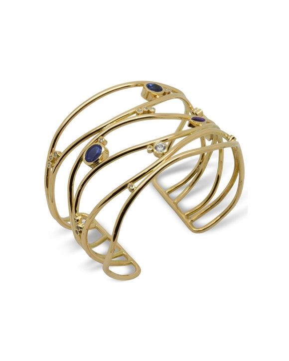 Six Strand Diamond and Sapphire 9ct Yellow Gold Cuff Bangle Bangle Pruden and Smith