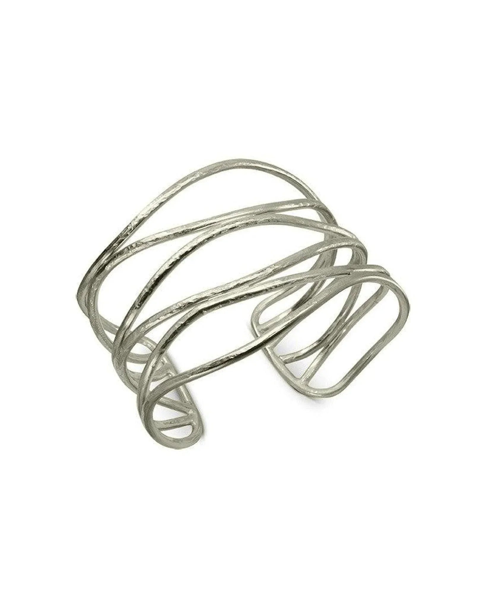 Six-strand rough solid gold cuff bangle with organic, textured design on white background