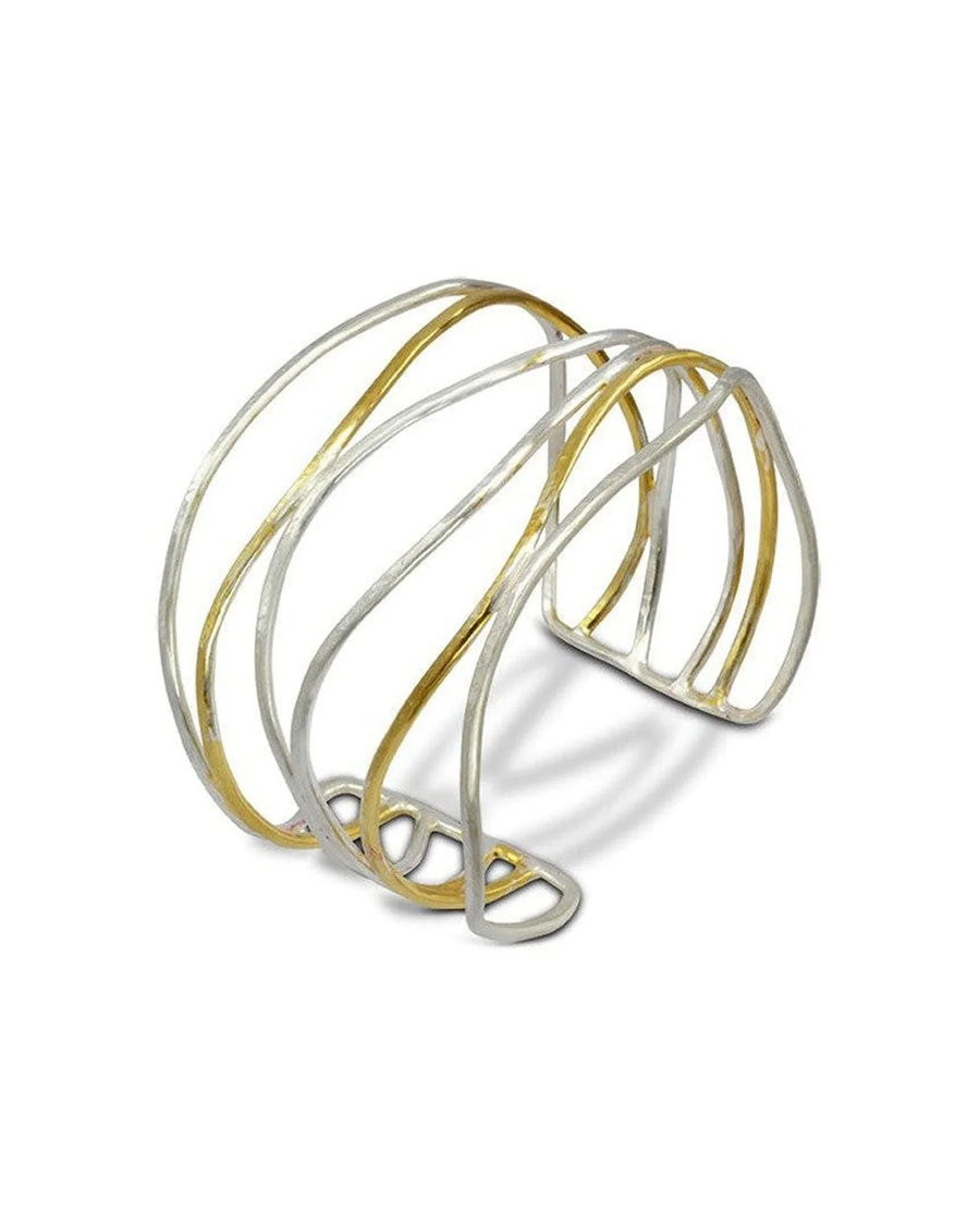 Handmade six-strand gold and silver cuff bangle with organic, textured open design