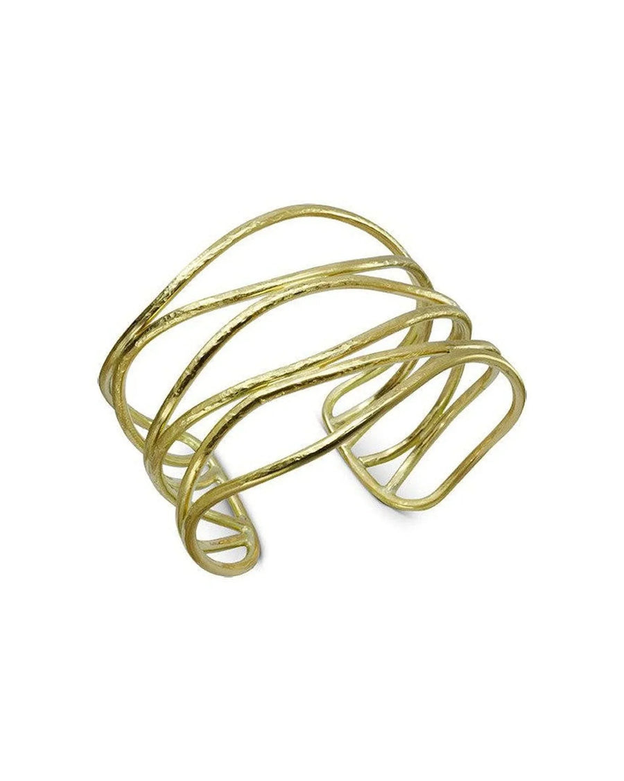 Handcrafted rough textured six strand solid 9ct gold cuff bangle on white background
