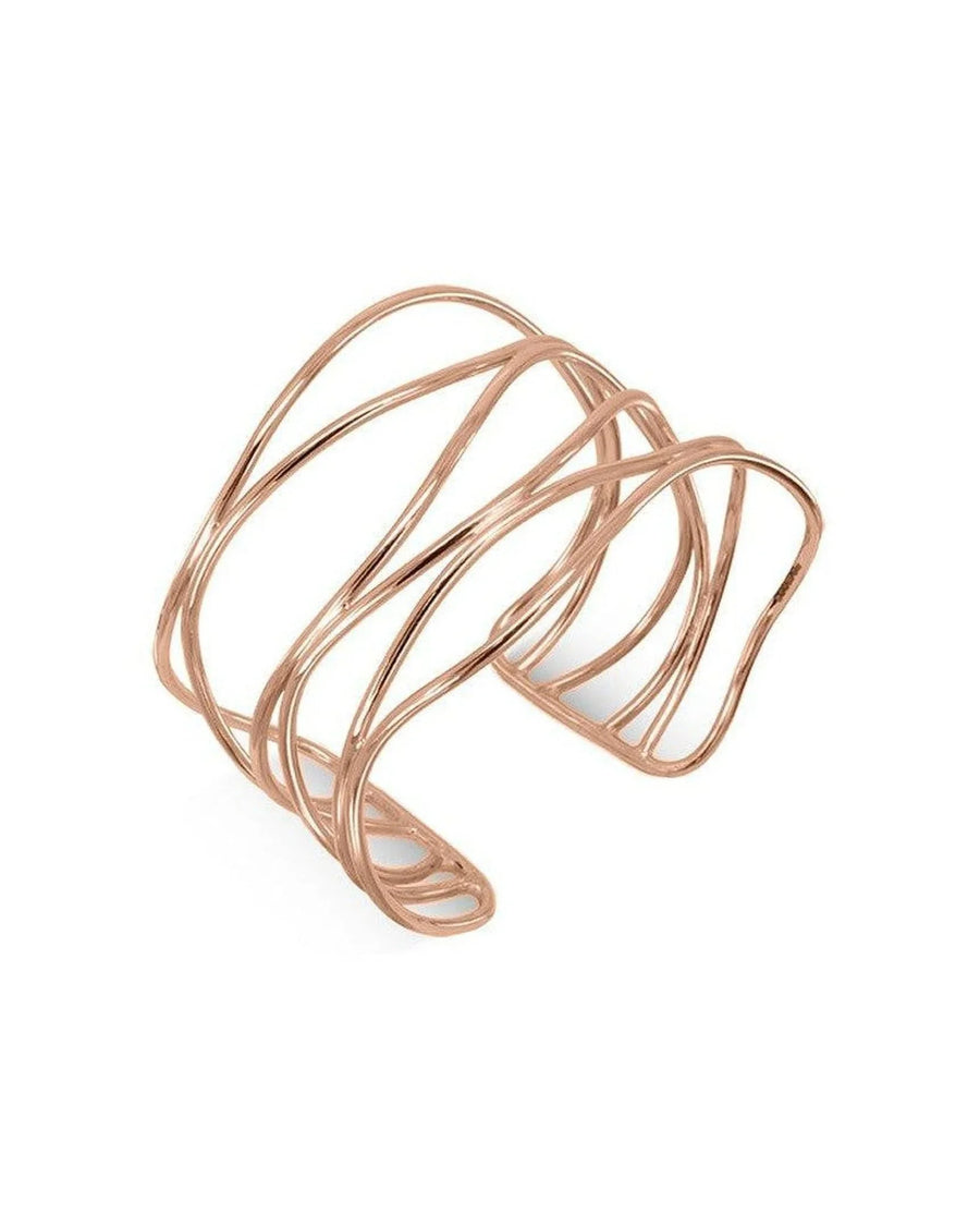 Wide six-strand solid 9ct gold cuff bangle with an open, sculptural design on white background.
