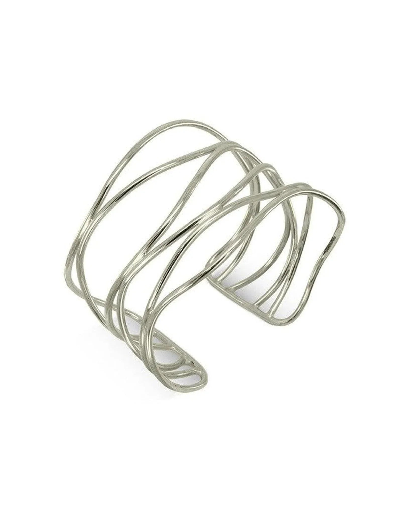 Wide six-strand solid gold cuff bangle with organic, intertwined design on white background.