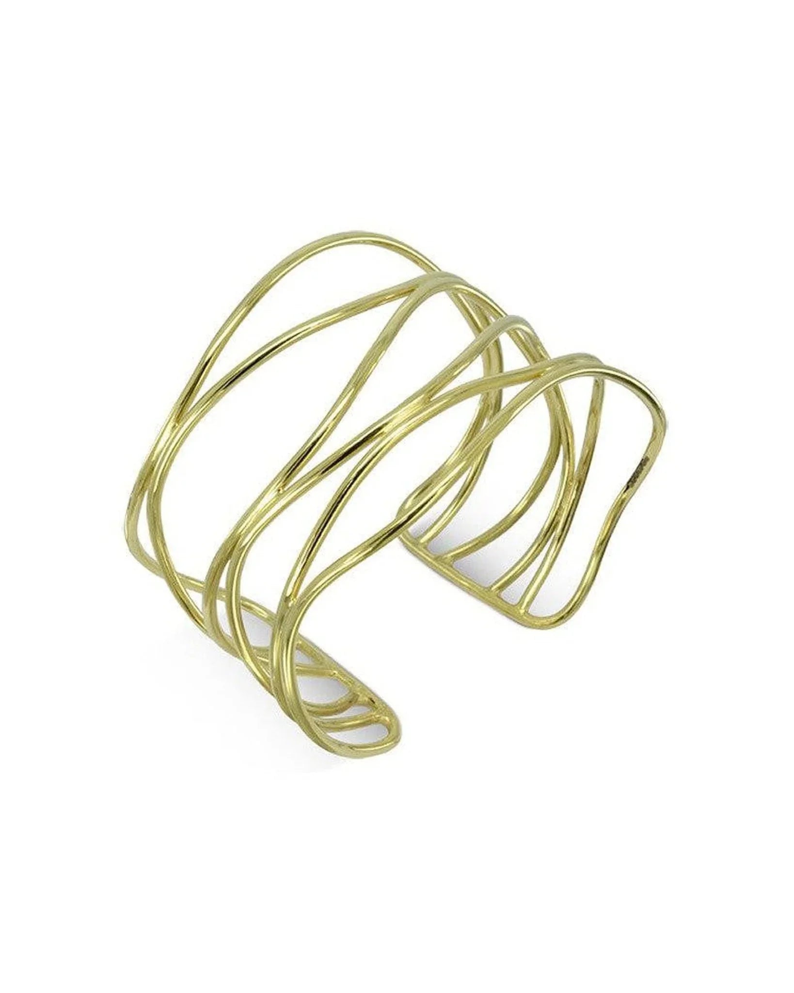 Six strand solid 9ct gold wide cuff bangle with an organic, openwork design