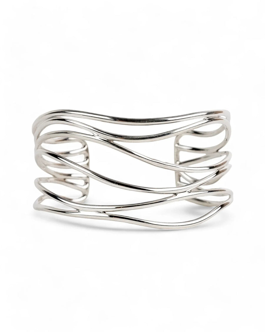 Handmade solid silver cuff bangle with six intertwining strands, modern open design