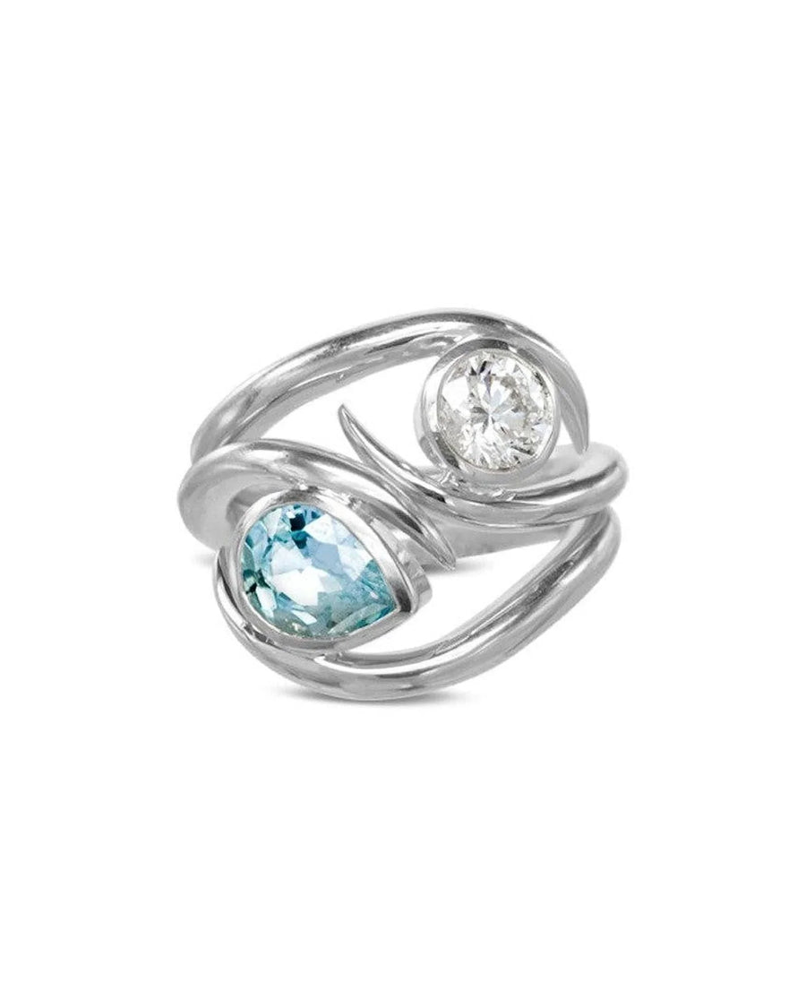 Silver stacking ring set with aquamarine and diamond, organic textured design