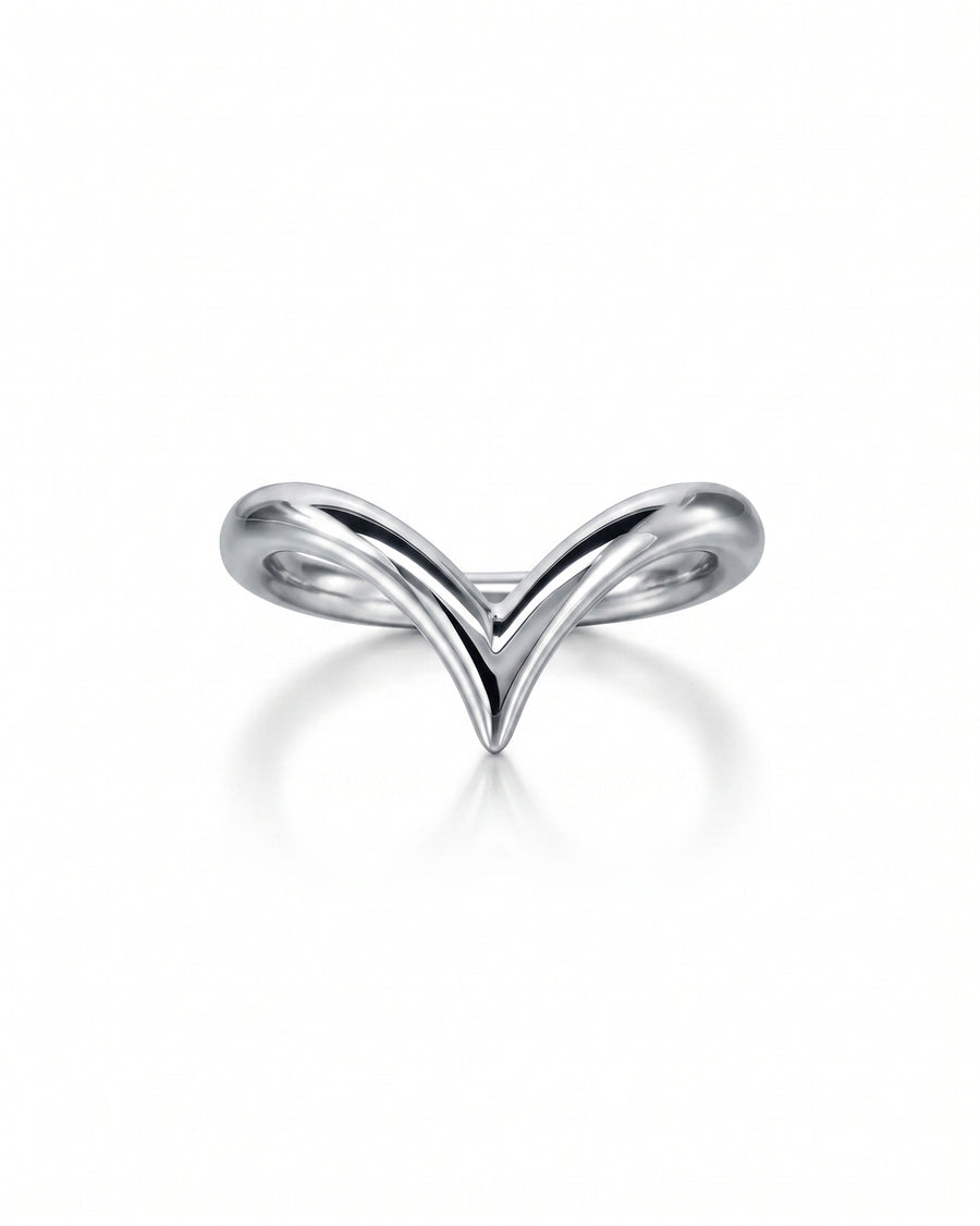 Silver wishbone wedding ring with a polished finish.