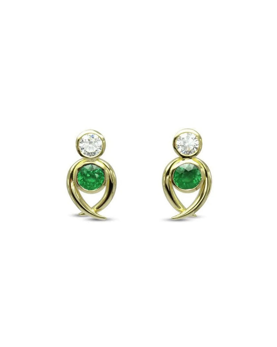 Gold stud earrings with round emerald and diamond gemstones in elegant sculpted settings