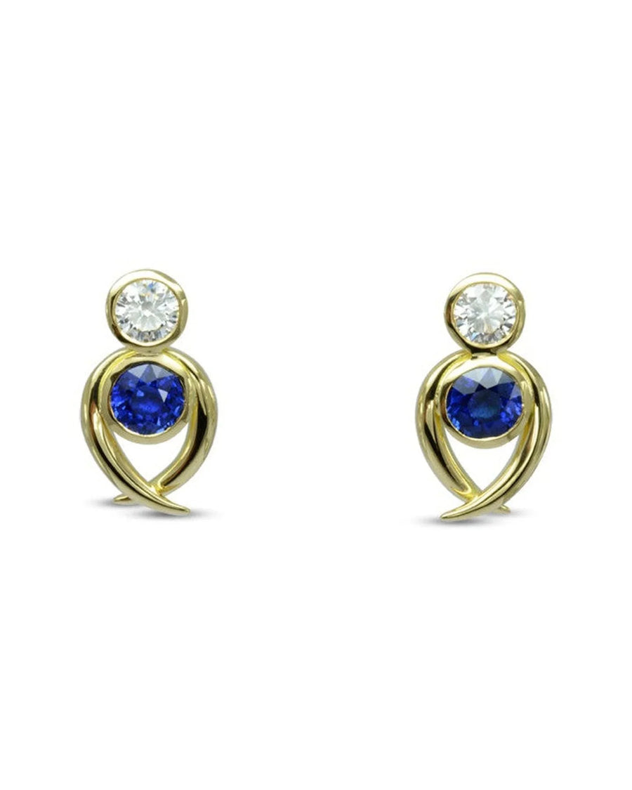 Yellow gold stud earrings with round blue sapphire and white diamond stones