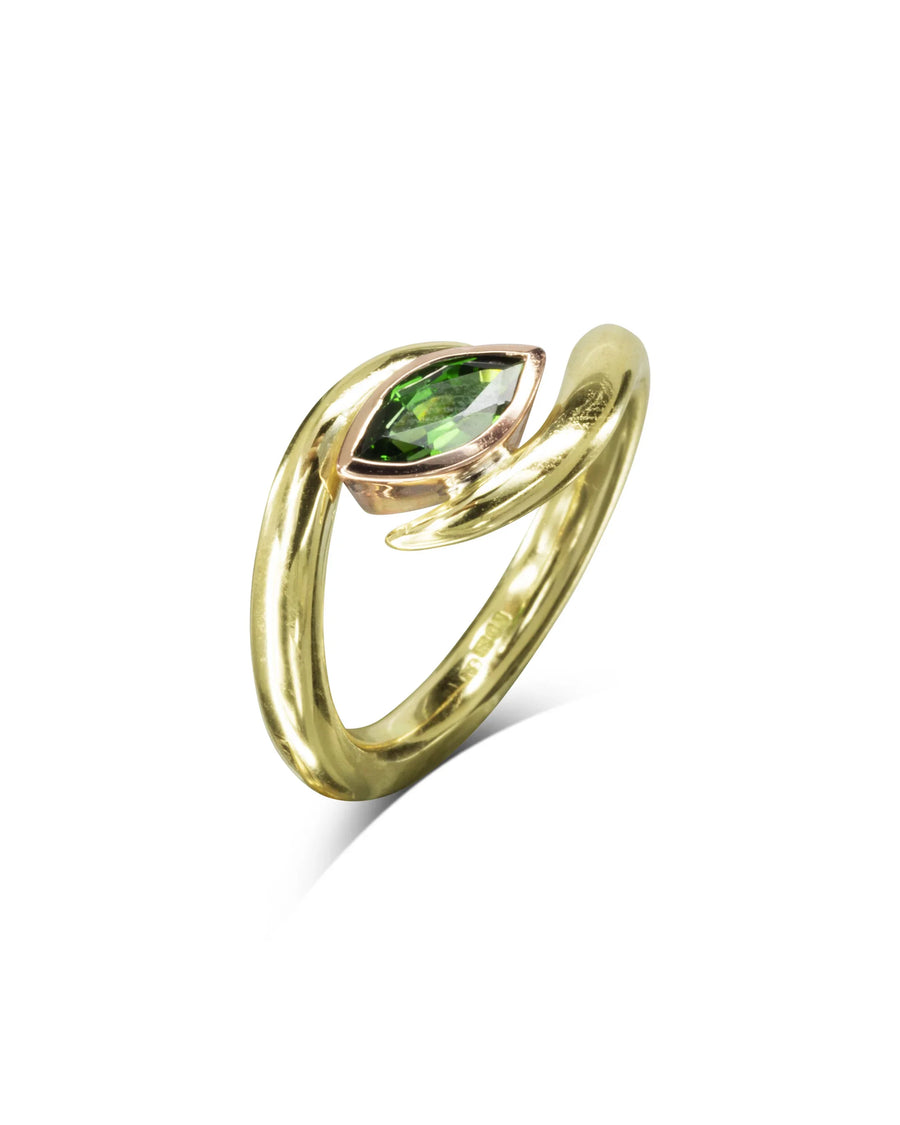 9ct yellow gold ring with a marquise tsavorite gemstone in a spiky setting.
