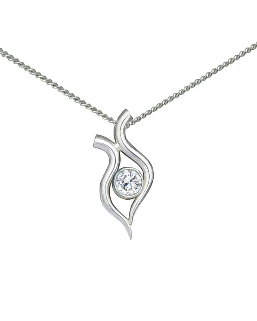 Unique silver pendant necklace with central round diamond and organic, flowing design