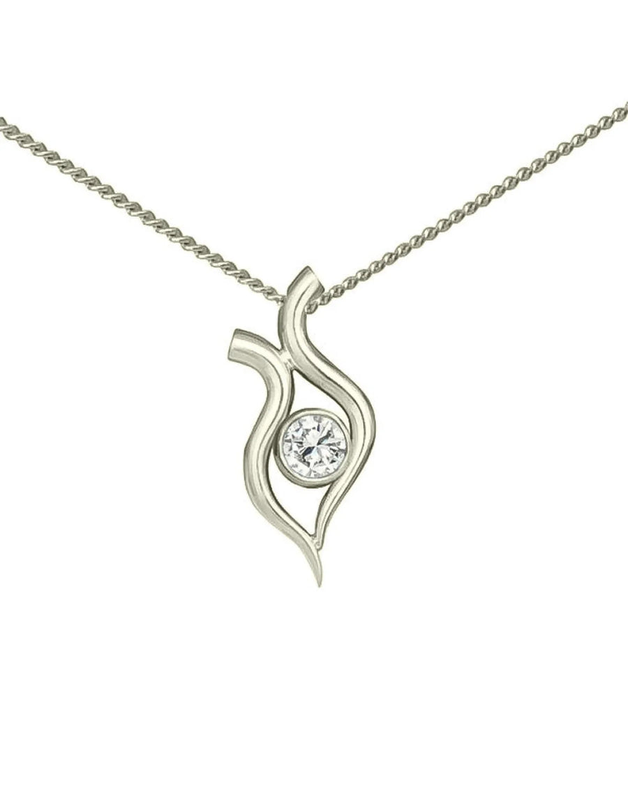 Silver pendant necklace with an organic flame-shaped design and central diamond