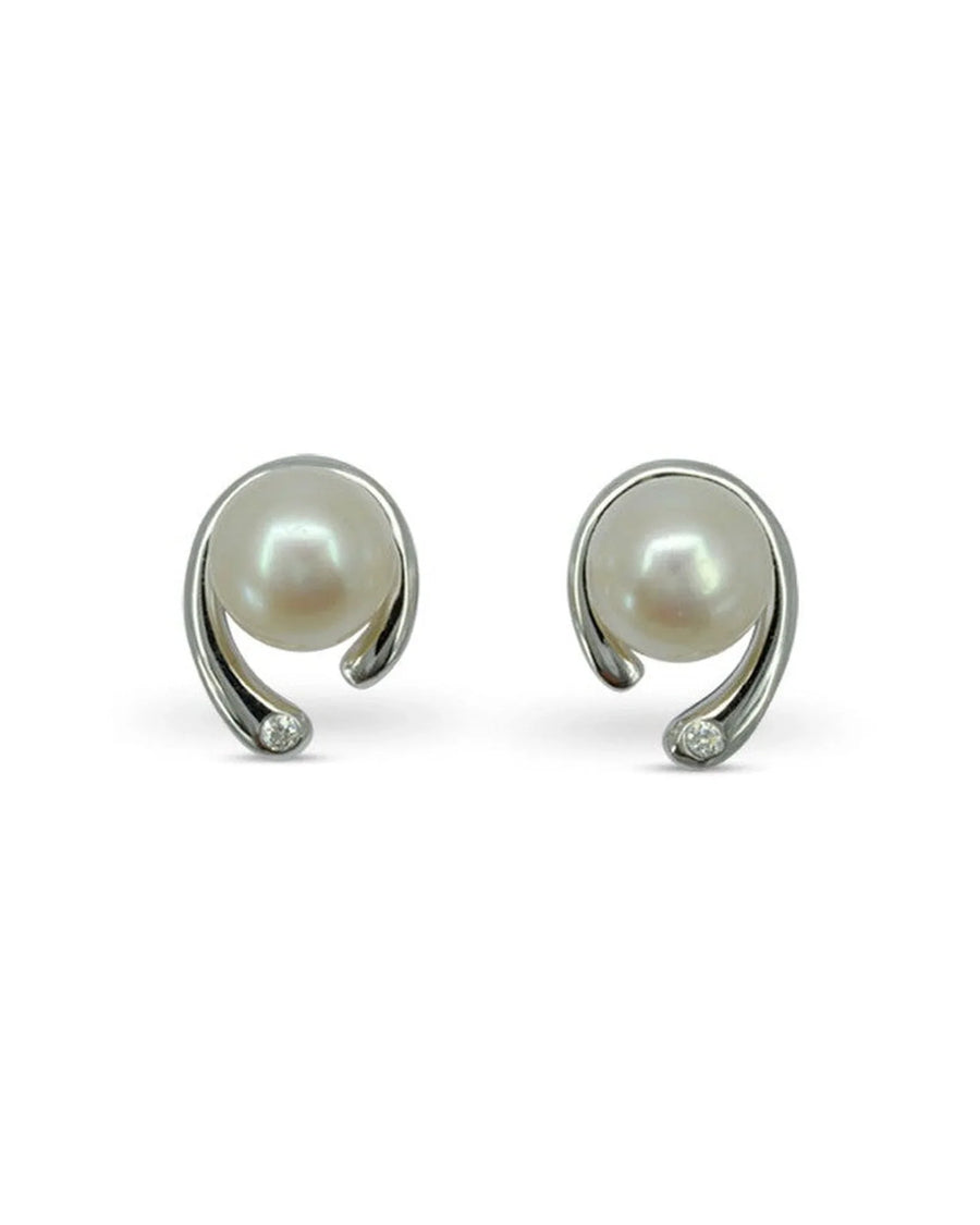 Silver stud earrings with white pearls and small diamonds.