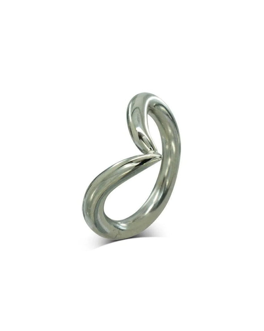 Polished silver sculptural ring with smooth, organic twisted design on white background