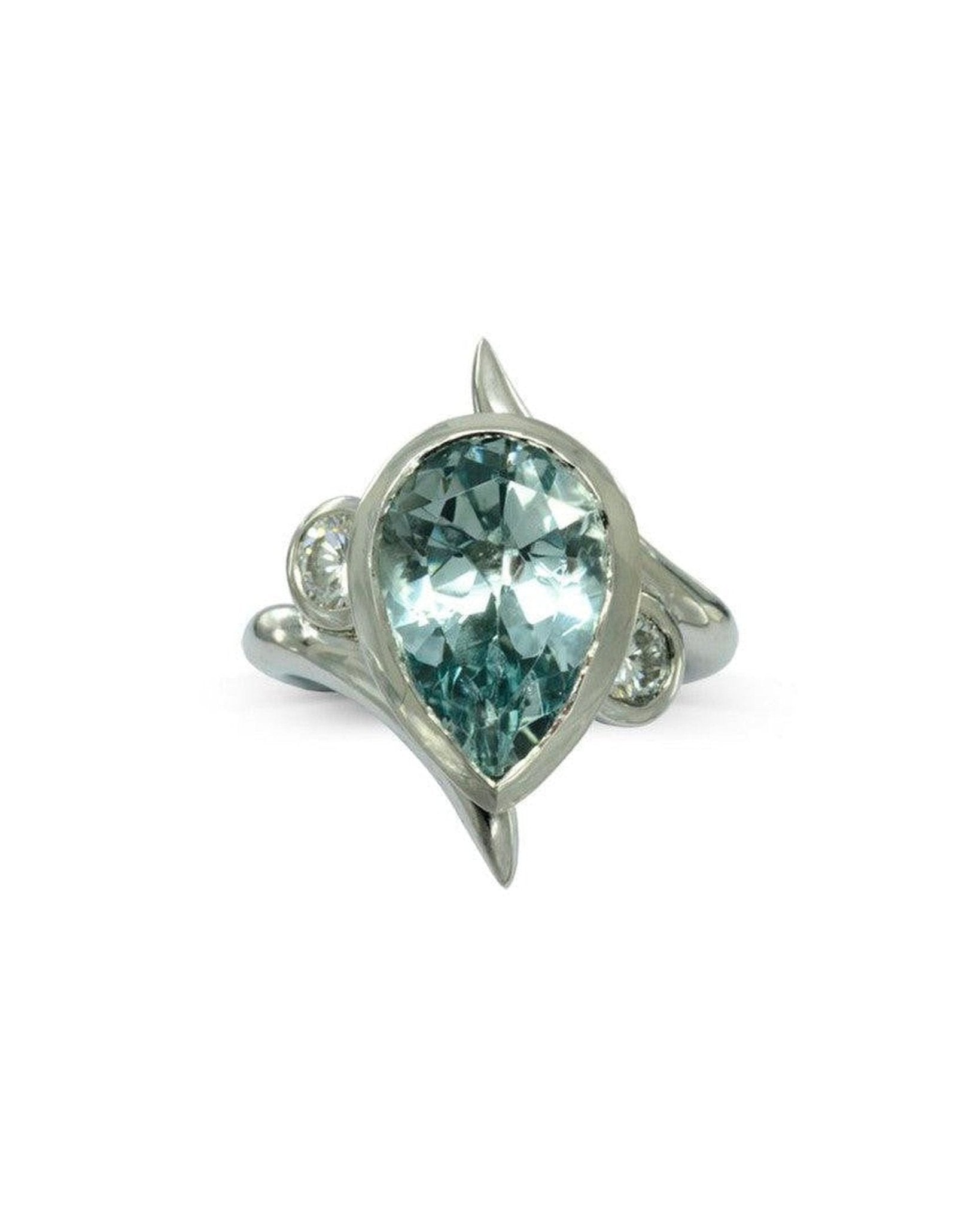 Spiky Pear Shaped Aquamarine Engagement Ring and Wedding Band Set Ring Pruden and Smith