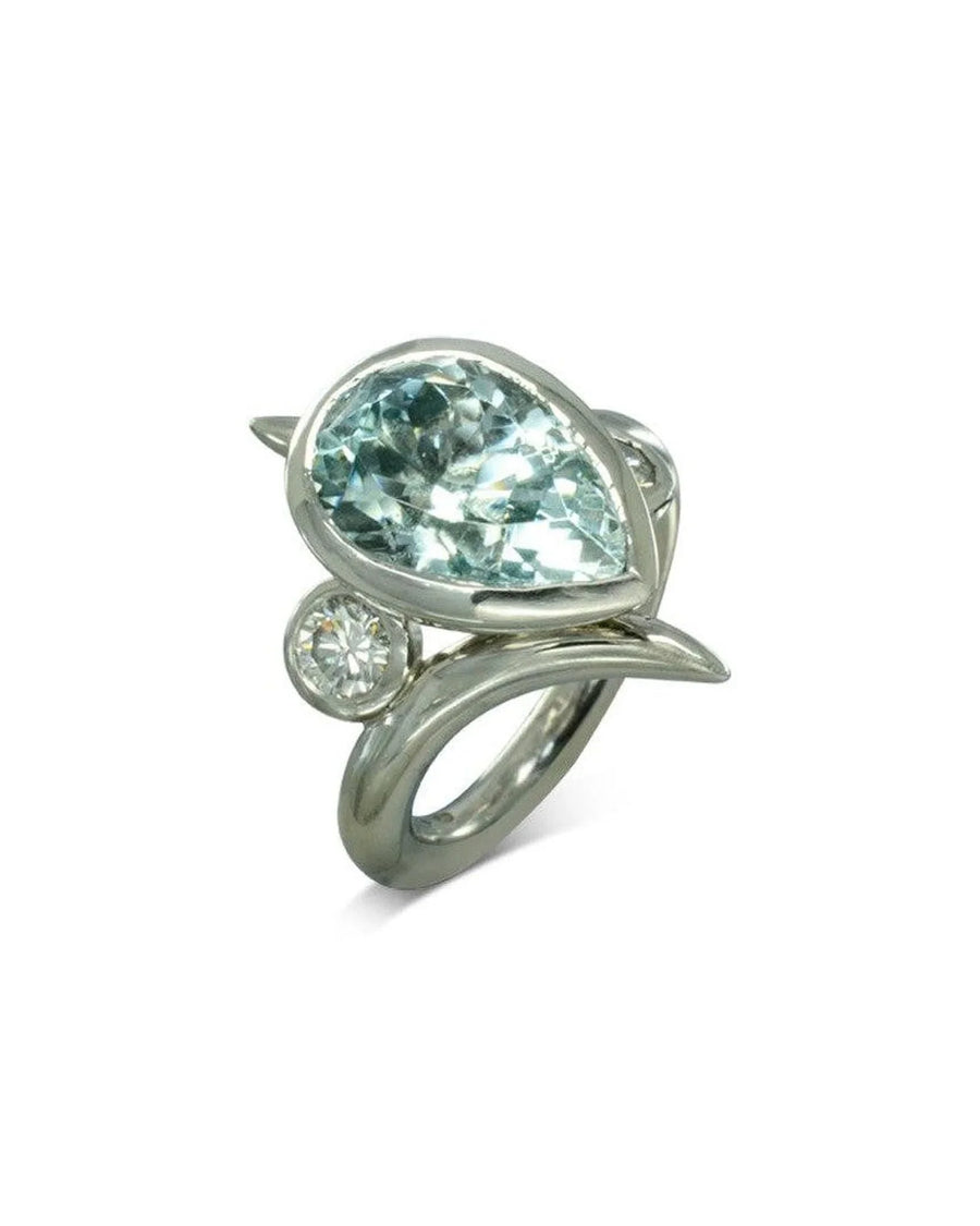 Pear-shaped aquamarine and diamond ring with sculpted, spiky silver band