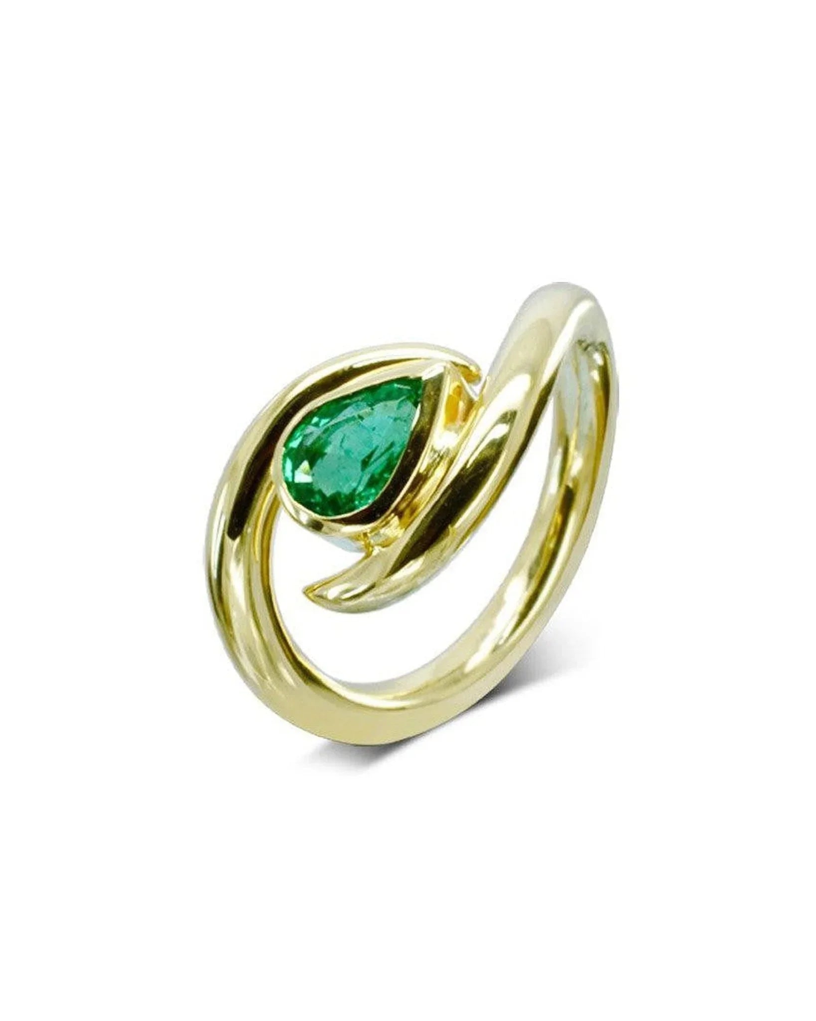 Yellow gold ring with a pear-shaped green emerald in a unique organic design