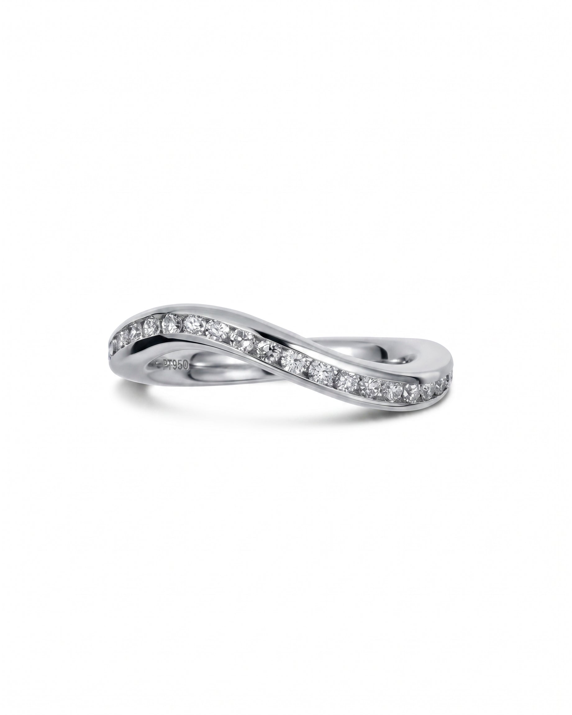 Platinum curved fitted ring with pave diamonds.