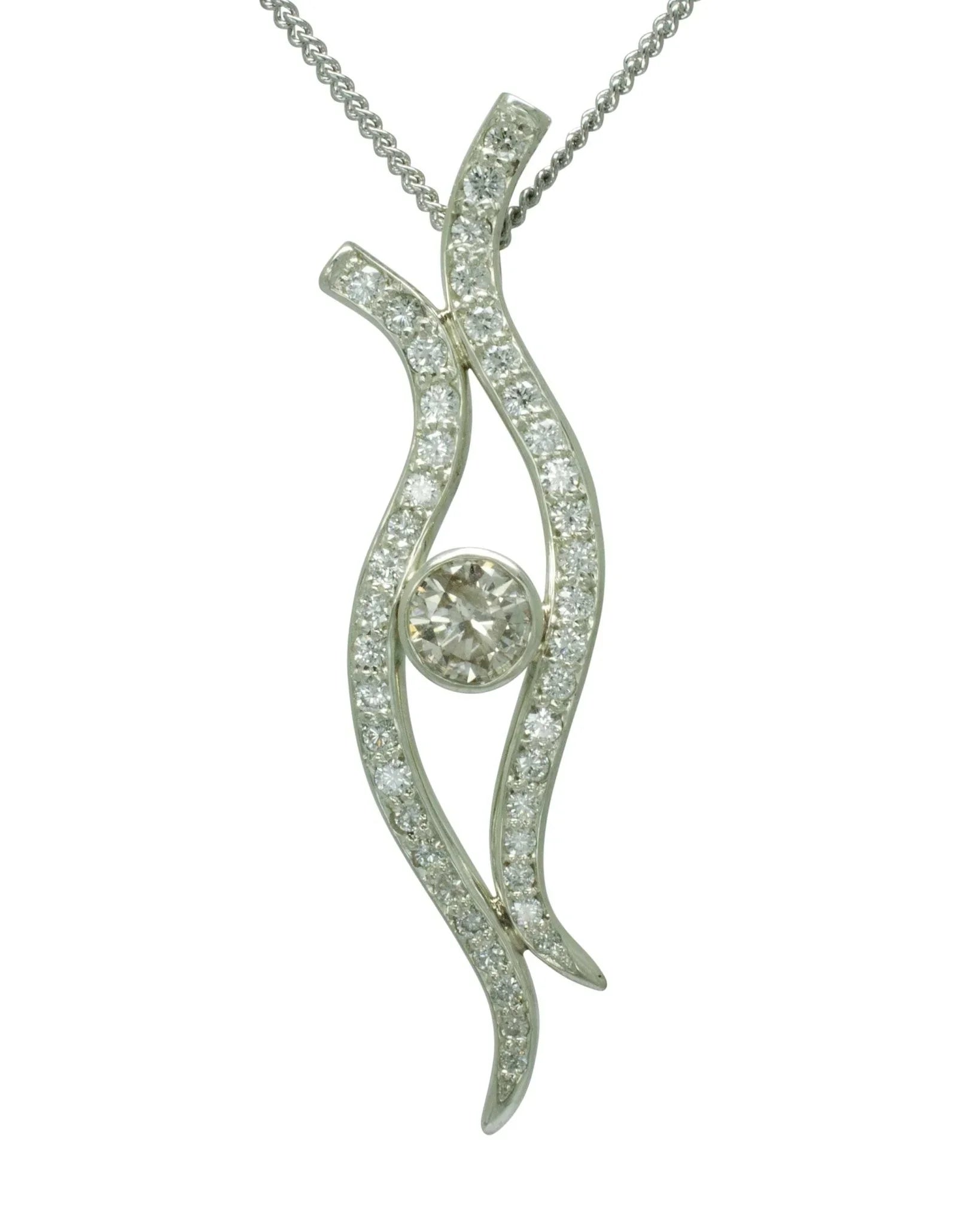 White gold pendant necklace with organic wavy design and sparkling diamond accents
