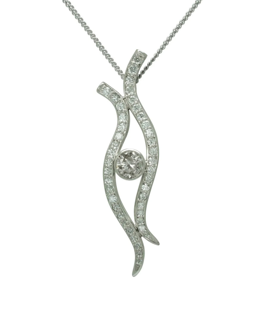 White gold diamond pendant with organic curves and a central round diamond on a silver chain