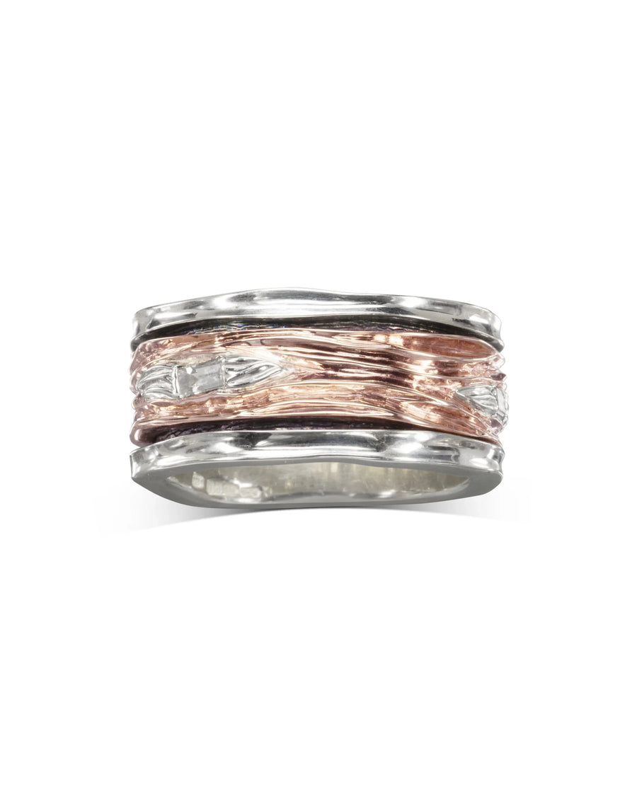 Rose gold and silver spinning ring with textured bands.