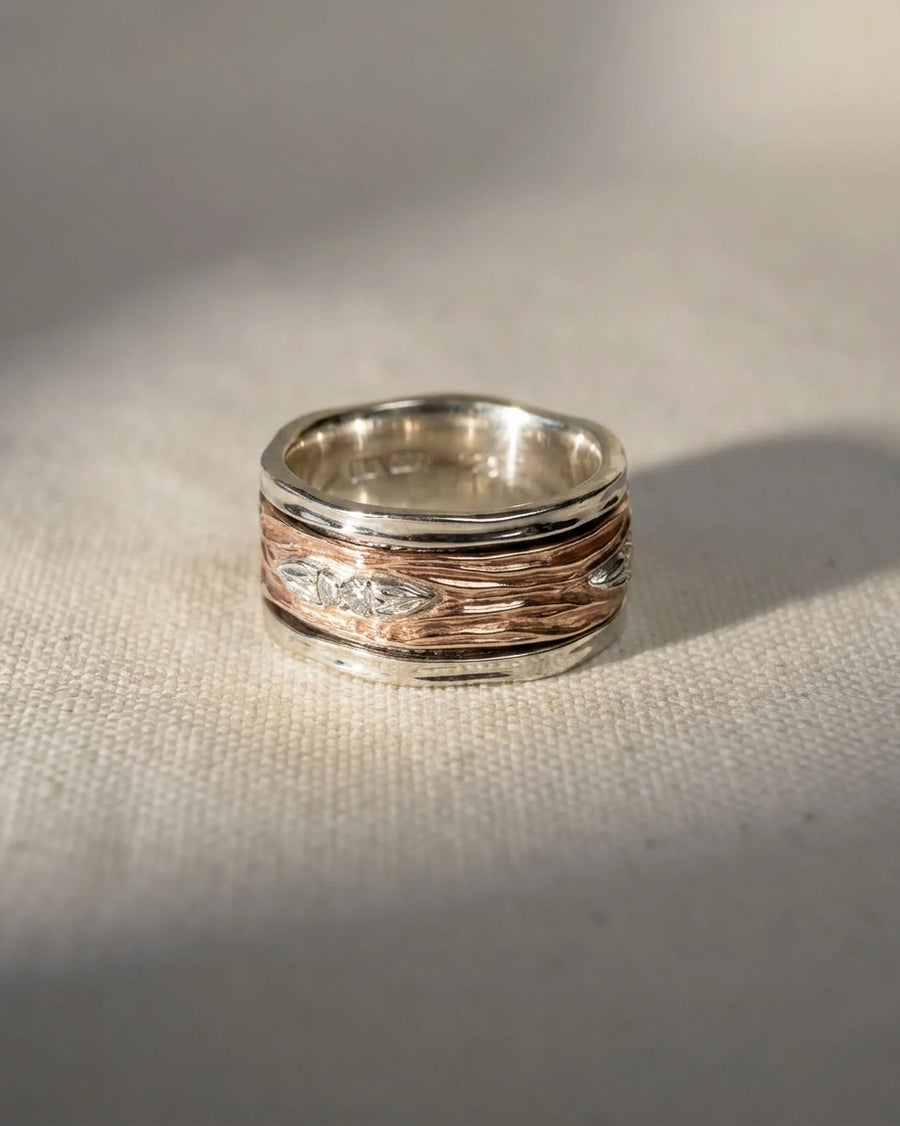 9ct white and rose gold spinning eternity ring with baguette cut diamonds.