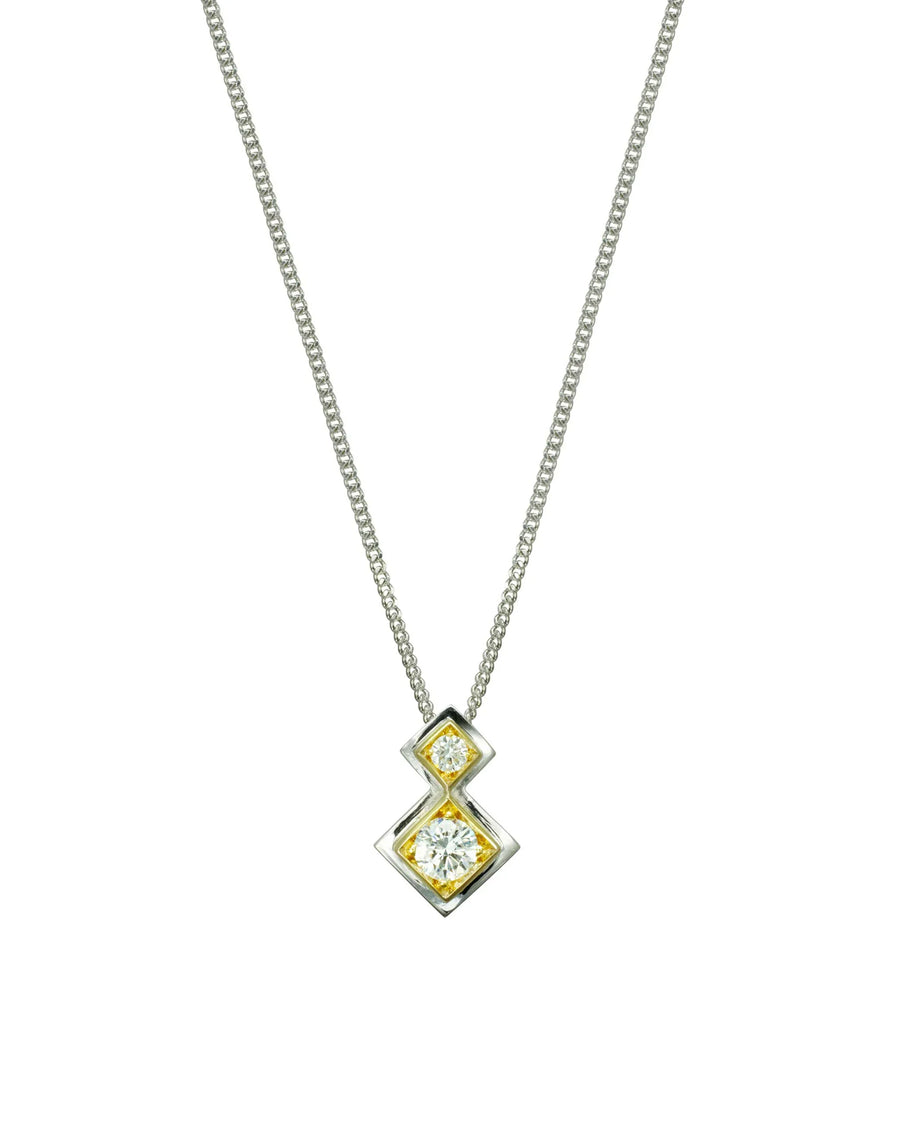 Double diamond pendant necklace with geometric shapes and white gold chain on white background