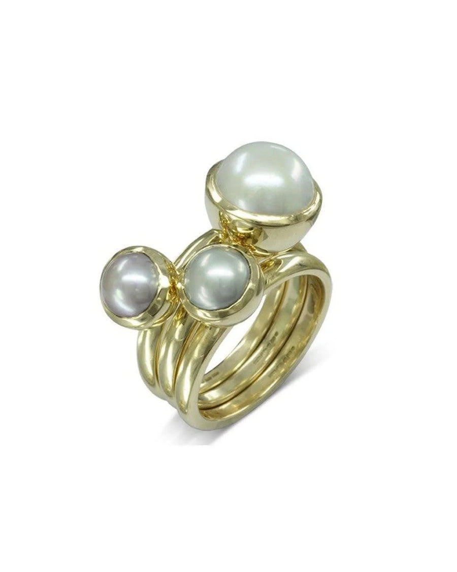 9ct yellow gold stackable rings with pink and white Akoya pearls.