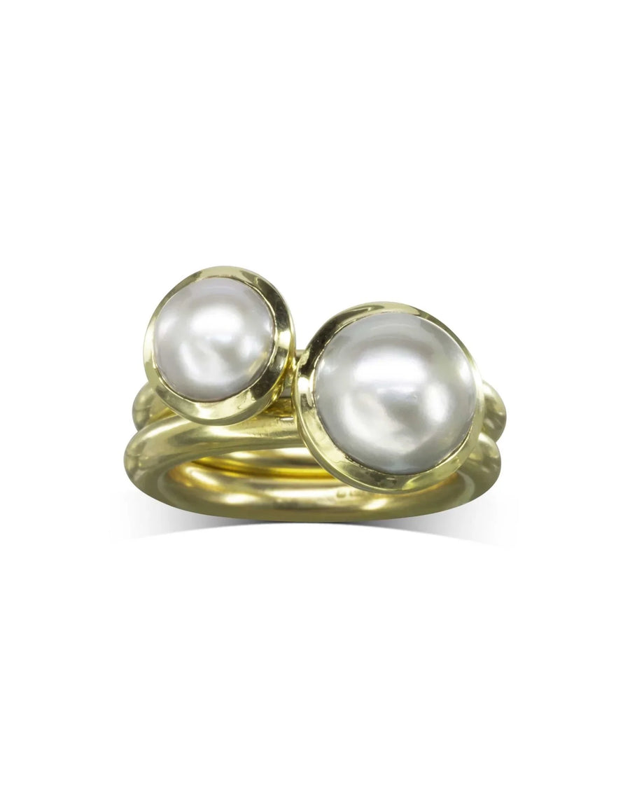 9ct yellow gold stackable rings with two white Akoya pearls.